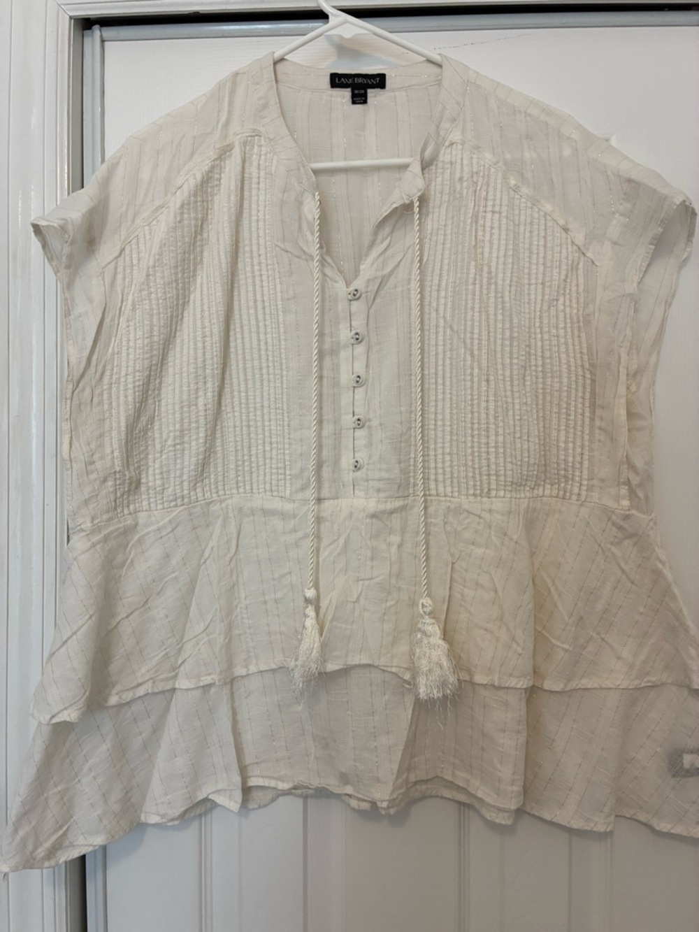 Lane Bryant Cream Button-Front Semi Sheer Cotton Peasant Blouse